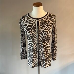 Jones New York zebra linen blend lightweight cardigan button up brown cream XS